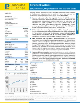  
 
Persistent Systems 
Soft performance, Margin headwinds limit near term upside
July 28, 2014 
Prabhudas Lilladher Pvt. Ltd. and/or its associates (the 'Firm') does and/or seeks to do business with companies covered in its research reports. As a result investors should be aware that 
the Firm may have a conflict of interest that could affect the objectivity of the report. Investors should consider this report as only a single factor in making their investment decision. 
Please refer to important disclosures and disclaimers at the end of the report 
 
Q1FY15 Result Update 
Shashi Bhusan 
shashibhusan@plindia.com 
+91‐22‐66322300 
Hussain Kagzi 
hussainkagzi@plindia.com 
+91‐22‐66322242 
Rating  Accumlate 
Price  Rs1,284 
Target Price  Rs1,285 
Implied Upside   .1% 
Sensex   26,127 
Nifty  7,790 
(Prices as on July 25, 2014) 
Trading data 
Market Cap. (Rs bn)  51.4 
Shares o/s (m)  40.0 
3M Avg. Daily value (Rs m)  222.4 
Major shareholders 
Promoters   38.96% 
Foreign   27.37% 
Domestic Inst.  9.82% 
Public & Other   23.85% 
Stock Performance 
 (%)  1M  6M  12M 
Absolute  16.0  27.4  138.8 
Relative   12.8  3.7  106.9 
How we differ from Consensus 
EPS (Rs)  PL  Cons.  % Diff. 
2015  78.6  77.7  1.2 
2016  94.2  90.8  3.8 
 
Price Performance (RIC: PERS.BO, BB: PSYS IN) 
 
Source: Bloomberg 
0
200
400
600
800
1,000
1,200
1,400
1,600
Jul‐13
Sep‐13
Nov‐13
Jan‐14
Mar‐14
May‐14
Jul‐14
(Rs)
Persistent Systems’ (Persistent’s) Q1FY15 result was another soft quarter compared 
to  PLe/Consensus’  expectation.  We  see  weak  start  to  the  year  and  near  term 
headwinds to operating margin to restrict upside. Retain “Accumulate”.  
 Revenue  and  margin  softer  than  expected:  Persistent’s  Q1FY15  result  was 
softer  than  expectation.  Revenue  declined  by  2.6%  QoQ  to  Rs4,349.9m  (PLe: 
Rs4,384m  Cons:  Rs4,385m)  and  flattish  in  USD  terms  to  US$72.66m  (PLe: 
US$73.4m, Cons: US$73.4m). EBITDA margins eroded by 519bps to 21.8% (PLe: 
24%, Cons: 24%) due to higher S&M cost (investment and wage hike ~7%), and 
currency  appreciation.  EPS  grew  by  2.4%  QoQ  to  Rs17.2  (PLe:  Rs17.2,  Cons: 
Rs16.8) due to forex gain of Rs133m (Q4FY14 loss of Rs87mn).  
 IP  had  better  than  seasonal  quarter,  client  addition  strong:  IP  revenue  for 
Q1FY15 tracked better than seasonality expectation. The growth outlook for IP 
in  FY15  continues  to  be  strong.  The  investment  in  sales  and  marketing  has 
started  showing  early  traction  with  76  new  clients’  addition  in  Q1FY15.  The 
management continues to hold the view of stronger FY15 than FY14.  
 S&M  investment  and  wage  hike  –  Margin  headwinds:  The  management 
continues to invest in S&M team expanding their workforce by 52 QoQ (18 new 
additions and rest reclassification of account managers as S&M that was earlier 
classified in technical) to 202. We believe S&M investment, which will continue 
through FY15, is right strategic move as Persistent gears up for enterprise sales. 
Moreover,  the  wage  hike  for  technical  workforce  would  be  headwind  to  the 
margin in Q2FY15. However, non‐recurring visa cost, room for higher utilization, 
and seasonally strong IP‐revenue would give margin tailwind in FY15. 
 Valuation & Recommendation: Persistent has delivered the margin and revenue 
performance in FY14, but heightened consensus expectation leave limited scope 
for earnings upgrade. However, the constant pursuits to inorganic opportunity 
leave  room  for  surprises.  Despite,  high‐teen  revenue  performance,  margin 
headwinds  would yield decelerated  earnings  growth.  We Retain  ‘Accumulate’ 
with revised target price of Rs1,285 (Old: Rs1,130). 
 
   
Key financials (Y/e March)    2013 2014  2015E 2016E
Revenues (Rs m)  12,945 16,692  19,228 22,745
     Growth (%)  29.4 28.9  15.2 18.3
EBITDA (Rs m)  3,352 4,303  4,885 5,746
PAT (Rs m)  1,876 2,493  3,144 3,770
EPS (Rs)  46.9 62.3  78.6 94.2
     Growth (%)  32.3 32.9  26.1 19.9
Net DPS (Rs)  8.5 11.3  13.2 15.1
 
Profitability & Valuation    2013 2014  2015E 2016E
EBITDA margin (%)  25.9 25.8  25.4 25.3
RoE (%)  20.2 22.3  23.2 23.0
RoCE (%)  19.4 21.7  22.4 22.4
EV / sales (x)  4.0 3.0  2.6 2.2
EV / EBITDA (x)  15.4 11.8  10.3 8.6
PE (x)  27.4 20.6  16.3 13.6
P / BV (x)  5.0 4.2  3.5 2.9
Net dividend yield (%)  0.7 0.9  1.0 1.2
Source: Company Data; PL Research 
 