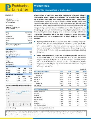  
 
Wabco India 
Higher OEM revenues lead to top‐line beat 
July 22, 2014 
Prabhudas Lilladher Pvt. Ltd. and/or its associates (the 'Firm') does and/or seeks to do business with companies covered in its research reports. As a result investors should be aware that 
the Firm may have a conflict of interest that could affect the objectivity of the report. Investors should consider this report as only a single factor in making their investment decision. 
Please refer to important disclosures and disclaimers at the end of the report 
 
Q1FY15 Result Update 
Surjit Arora 
surjitarora@plindia.com 
+91‐22‐66322235 
Hussain Kagzi 
hussainkagzi@plindia.com 
+91‐22‐66322242 
Rating  Accumulate 
Price  Rs3,611 
Target Price  Rs3,695 
Implied Upside   2.3% 
Sensex   25,715 
Nifty  7,684 
(Prices as on July 21, 2014) 
Trading data 
Market Cap. (Rs bn)  68.5 
Shares o/s (m)  19.0 
3M Avg. Daily value (Rs m)  42.2 
Major shareholders 
Promoters   75.00% 
Foreign   2.50% 
Domestic Inst.  8.73% 
Public & Other   13.77% 
Stock Performance 
 (%)  1M  6M  12M 
Absolute  17.5  88.0  116.2 
Relative   15.1  67.0  88.6 
How we differ from Consensus 
EPS (Rs)  PL  Cons.  % Diff. 
2015  77.8  77.2  0.8 
2016  123.2  115.7  6.5 
 
Price Performance (RIC: WABC.BO, BB: WIL IN) 
 
Source: Bloomberg 
0
500
1,000
1,500
2,000
Oct‐12
Dec‐12
Feb‐13
Apr‐13
Jun‐13
Aug‐13
Oct‐13
(Rs)
Wabco’s  (WIL’s)  Q1FY15  results  were  above  our  estimates  on  account  of  better‐
than‐expected  top‐line.  Top‐line  grew  by  23.1%  YoY  to  Rs3.2bn  (PLe:  Rs2.8bn), 
mainly led by strong traction in the OEM segment (grew 43% YoY). OEM segment 
reported  robust  growth  on  account  of  growth  in  higher  tonnage  vehicles  and 
increasing  content/vehicle  on  account  of  new  product  launches.  We  continue  to 
maintain our positive stance on the company as it is well positioned to leverage the 
rising content per vehicle in the domestic MHCV market. WIL is likely to be the key 
beneficiary of recovery in M&HCV volumes, entry of global players in the Indian 
Market and implementation of safety norms by the Government for M&HCV. We 
reiterate  our  ‘Accumulate’  call  on  the  stock.  However,  we  expect  the  stock  to 
underperform  in  the  near  term,  given  that  it  is  already  trading  at  29.3x  FY16E 
earnings.  
 Top‐line growth at 23.1% YoY on higher exports: WIL reported top‐line growth 
at 23.1% YoY at Rs3.2bn (PLe: Rs2.8bn). OEM sales for the quarter grew by 43% 
YoY  at  Rs1.4bn  (Q4FY14  ‐  Rs1.2bn),  whereas,  the  spares/replacement  sales 
stood at Rs532m, a growth of 18.0% YoY. Exports for the quarter grew by 6% 
YoY to Rs1.1bn (~5% decline QoQ). As a result, exports accounted for ~36.4% of 
the top‐line. 
 EBITDA margins declined by 150bps YoY on higher raw material cost: EBITDA 
for  the  quarter  grew  by  12.1%  YoY  to  Rs501m  (PLe:  Rs438m),  with  EBITDA 
margins declining by 150bps YoY to 15.5%. Gross margins declined by 190bps 
YoY  on  account  of  higher  raw  material  cost.  On  a  sequential  basis,  EBITDA 
margins improved by 80bps as exports accounted for ~36% of top‐line as against 
40% of top‐line in Q4FY14.  
Contd…2                
 
   
Key financials (Y/e March)    2013 2014  2015E 2016E
Revenues (Rs m)  9,659 11,103  13,265 17,326
     Growth (%)  (7.6) 14.9  19.5 30.6
EBITDA (Rs m)  1,942 1,629  2,189 3,390
PAT (Rs m)  1,310 1,177  1,476 2,336
EPS (Rs)  69.0 62.1  77.8 123.2
     Growth (%)  (14.7) (10.1)  25.4 58.2
Net DPS (Rs)  5.0 5.0  5.0 7.0
 
Profitability & Valuation    2013 2014  2015E 2016E
EBITDA margin (%)  20.1 14.7  16.5 19.6
RoE (%)  22.2 16.8  17.9 23.3
RoCE (%)  22.2 16.8  17.9 23.3
EV / sales (x)  7.0 6.0  5.0 3.8
EV / EBITDA (x)  34.8 41.1  30.4 19.4
PE (x)  52.3 58.2  46.4 29.3
P / BV (x)  10.6 9.1  7.7 6.2
Net dividend yield (%)  0.1 0.1  0.1 0.2
Source: Company Data; PL Research           
 