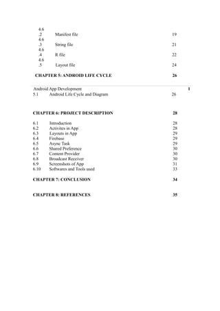 4.6
.2 Manifest file 19
4.6
.3 String file 21
4.6
.4 R file 22
4.6
.5 Layout file 24
CHAPTER 5: ANDROID LIFE CYCLE 26
Android App Development 1
5.1 Android Life Cycle and Diagram 26
CHAPTER 6: PROJECT DESCRIPTION 28
6.1 Introduction 28
6.2 Activites in App 28
6.3 Layouts in App 29
6.4 Firebase 29
6.5 Async Task 29
6.6 Shared Preference 30
6.7 Content Provider 30
6.8 Broadcast Receiver 30
6.9 Screenshots of App 31
6.10 Softwares and Tools used 33
CHAPTER 7: CONCLUSION 34
CHAPTER 8: REFERENCES 35
 