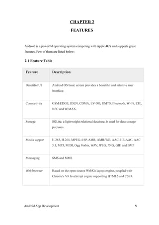 CHAPTER 2
FEATURES
Android is a powerful operating system competing with Apple 4GS and supports great
features. Few of them are listed below:
2.1 Feature Table
Feature Description
Beautiful UI Android OS basic screen provides a beautiful and intuitive user
interface.
Connectivity GSM/EDGE, IDEN, CDMA, EV-DO, UMTS, Bluetooth, Wi-Fi, LTE,
NFC and WiMAX.
Storage SQLite, a lightweight relational database, is used for data storage
purposes.
Media support H.263, H.264, MPEG-4 SP, AMR, AMR-WB, AAC, HE-AAC, AAC
5.1, MP3, MIDI, Ogg Vorbis, WAV, JPEG, PNG, GIF, and BMP
Messaging SMS and MMS
Web browser Based on the open-source WebKit layout engine, coupled with
Chrome's V8 JavaScript engine supporting HTML5 and CSS3.
Android App Development 5
 