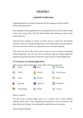 CHAPTER 3
Android Architecture
Android applications are usually developed in the Java language using the Android
Software Development Kit.
Once developed, Android applications can be packaged easily and sold out either through
a store such as Google Play ,Slide ME, Opera Mobile Store, Mobango, F-droid and the
Amazon App store.
Android powers hundreds of millions of mobile devices in more than 190 countries
around the world. It's the largest installed base of any mobile platform and growing fast.
Every day more than 1 million new Android devices are activated worldwide.
This tutorial has been written with an aim to teach you how to develop and package
Android application. We will start from environment setup for Android application
programming and then drill down to look into various aspects of Android applications.
3.1 Categories of Android applications
There are many android applications in the market. The top categories are:
History of Android
The code names of android ranges from A to L currently, such as Aestro, Blender,
Cupcake, Donut, Eclair, Froyo, Gingerbread, Honeycomb, Ice Cream Sandwitch, Jelly
Bean, KitKat and Lollipop. Let's understand the android history in a sequence.
Android App Development 7
 
