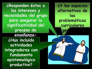 ¿Y los espacios
alternativos de
las
problemáticas
curriculares
generales?
¿Responden éstos a
los intereses y
necesidades del grupo
para asegurar la
significatividad del
proceso de
enseñanza-
aprendizaje?¿Has incluido
actividades
integradoras con
fundamento
epistemológico
productivo?
 