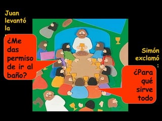 Juan
levantó
la
mano:
¿Me
das
permiso
de ir al
baño?
Simón
exclamó
:
¿Para
qué
sirve
todo
esto?
 