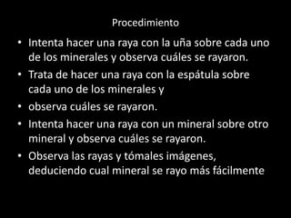 Procedimiento
• Intenta hacer una raya con la uña sobre cada uno
de los minerales y observa cuáles se rayaron.
• Trata de hacer una raya con la espátula sobre
cada uno de los minerales y
• observa cuáles se rayaron.
• Intenta hacer una raya con un mineral sobre otro
mineral y observa cuáles se rayaron.
• Observa las rayas y tómales imágenes,
deduciendo cual mineral se rayo más fácilmente
 