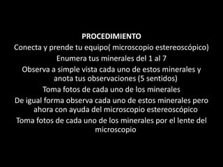 PROCEDIMIENTO
Conecta y prende tu equipo( microscopio estereoscópico)
Enumera tus minerales del 1 al 7
Observa a simple vista cada uno de estos minerales y
anota tus observaciones (5 sentidos)
Toma fotos de cada uno de los minerales
De igual forma observa cada uno de estos minerales pero
ahora con ayuda del microscopio estereoscópico
Toma fotos de cada uno de los minerales por el lente del
microscopio
 