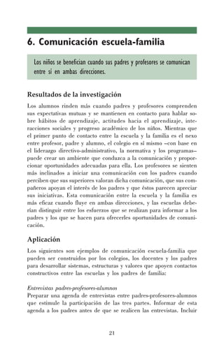 21
6. Comunicación escuela-familia
Los niños se benefician cuando sus padres y profesores se comunican
entre sí en ambas direcciones.
Resultados de la investigación
Los alumnos rinden más cuando padres y profesores comprenden
sus expectativas mutuas y se mantienen en contacto para hablar so-
bre hábitos de aprendizaje, actitudes hacia el aprendizaje, inte-
racciones sociales y progreso académico de los niños. Mientras que
el primer punto de contacto entre la escuela y la familia es el nexo
entre profesor, padre y alumno, el colegio en sí mismo –con base en
el liderazgo directivo-administrativo, la normativa y los programas–
puede crear un ambiente que conduzca a la comunicación y propor-
cionar oportunidades adecuadas para ella. Los profesores se sienten
más inclinados a iniciar una comunicación con los padres cuando
perciben que sus superiores valoran dicha comunicación, que sus com-
pañeros apoyan el interés de los padres y que éstos parecen apreciar
sus iniciativas. Esta comunicación entre la escuela y la familia es
más eficaz cuando fluye en ambas direcciones, y las escuelas debe-
rían distinguir entre los esfuerzos que se realizan para informar a los
padres y los que se hacen para ofrecerles oportunidades de comuni-
cación.
Aplicación
Los siguientes son ejemplos de comunicación escuela-familia que
pueden ser construidos por los colegios, los docentes y los padres
para desarrollar sistemas, estructuras y valores que apoyen contactos
constructivos entre las escuelas y los padres de familia:
Entrevistas padres-profesores-alumnos
Preparar una agenda de entrevistas entre padres-profesores-alumnos
que estimule la participación de las tres partes. Informar de esta
agenda a los padres antes de que se realicen las entrevistas. Incluir
 