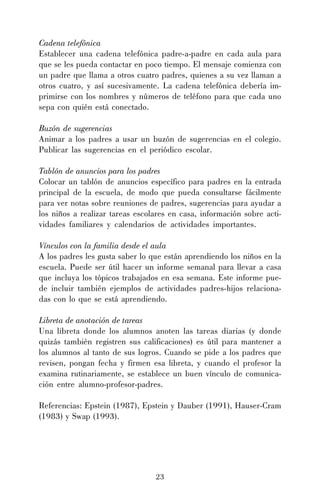 23
Cadena telefónica
Establecer una cadena telefónica padre-a-padre en cada aula para
que se les pueda contactar en poco tiempo. El mensaje comienza con
un padre que llama a otros cuatro padres, quienes a su vez llaman a
otros cuatro, y así sucesivamente. La cadena telefónica debería im-
primirse con los nombres y números de teléfono para que cada uno
sepa con quién está conectado.
Buzón de sugerencias
Animar a los padres a usar un buzón de sugerencias en el colegio.
Publicar las sugerencias en el periódico escolar.
Tablón de anuncios para los padres
Colocar un tablón de anuncios específico para padres en la entrada
principal de la escuela, de modo que pueda consultarse fácilmente
para ver notas sobre reuniones de padres, sugerencias para ayudar a
los niños a realizar tareas escolares en casa, información sobre acti-
vidades familiares y calendarios de actividades importantes.
Vínculos con la familia desde el aula
A los padres les gusta saber lo que están aprendiendo los niños en la
escuela. Puede ser útil hacer un informe semanal para llevar a casa
que incluya los tópicos trabajados en esa semana. Este informe pue-
de incluir también ejemplos de actividades padres-hijos relaciona-
das con lo que se está aprendiendo.
Libreta de anotación de tareas
Una libreta donde los alumnos anoten las tareas diarias (y donde
quizás también registren sus calificaciones) es útil para mantener a
los alumnos al tanto de sus logros. Cuando se pide a los padres que
revisen, pongan fecha y firmen esa libreta, y cuando el profesor la
examina rutinariamente, se establece un buen vínculo de comunica-
ción entre alumno-profesor-padres.
Referencias: Epstein (1987), Epstein y Dauber (1991), Hauser-Cram
(1983) y Swap (1993).
 