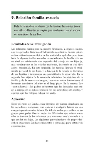 29
9. Relación familia-escuela
Dada la variedad en su relación con las familias, las escuelas tienen
que utilizar diferentes estrategias para involucrarlas en el proceso
de aprendizaje de sus hijos.
Resultados de la investigación
Las relaciones familia-escuela pueden vincularse, a grandes rasgos,
con tres periodos históricos del desarrollo económico. En una prime-
ra fase –históricamente típica de las sociedades agrícolas, pero tam-
bién de algunas familias en todas las sociedades–, la familia vivía en
un nivel de subsistencia que dependía del trabajo de sus hijos (o,
más comúnmente en los estados modernos, buscando en sus hijos
apoyo emocional). En esta situación, las familias limitan el creci-
miento personal de sus hijos, y la función de la escuela es liberarlos
de sus familias e incrementar sus posibilidades de desarrollo. En la
segunda fase –típica de la economía industrial–, los objetivos de la
familia y de la escuela convergen, buscando ambas instituciones el
bienestar económico del niño en el largo plazo. En la tercera fase
–post-industrial–, los padres encuentran que las demandas que exi-
ge la crianza de los niños compiten con sus actividades de adultos, y
esperan que los colegios cubran ese vacío.
Aplicación
Estos tres tipos de familia están presentes de manera simultánea en
las sociedades modernas; pero colocar a cualquier familia en una
categoría puede resultar injusto. Es útil, sin embargo, clasificarlas en
grupos para poder ilustrar mejor las diferencias que existen entre
ellas en función de las relaciones que mantienen con la escuela a la
que acuden sus hijos. Las siguientes generalizaciones de grupos des-
criben situaciones familiares frecuentes y estrategias para obtener su
colaboración.
 