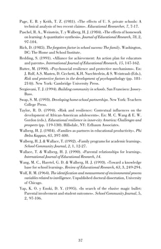 37
Page, E. B. y Keith, T. Z. (1981). «The effects of U. S. private schools: A
technical analysis of two recent claims». Educational Researcher, 7, 7-17.
Paschel, R. A., Weinstein, T. y Walberg, H. J. (1984). «The effects of homework
on learning: A quantitative synthesis». Journal of Educational Research, 78, 2,
97-104.
Rich, D. (1985). The forgotten factor in school success: The family. Washington,
DC: The Home and School Institute.
Redding, S. (1991). «Alliance for achievement: An action plan for educators
and parents». International Journal of Educational Research, 15, 147-162.
Rutter, M. (1990). «Psychosocial resilience and protective mechanisms». En:
J. Rolf, A.S. Masten, D. Cicchetti, K.H. Nuechterlein, & S. Weintraub (Eds.),
Risk and protective factors in the development of psychopathology (pp. 181-
214)). New York: Cambridge University Press.
Sergiovani, T. J. (1994). Building community in schools. San Francisco: Jossey-
Bass.
Swap, S. M. (1993). Developing home-school partnerships. New York: Teachers
College Press.
Taylor, R. D. (1994). «Risk and resilience: Contextual influences on the
development of African-American adolescents». En: M. C. Wang & E. W.
Gordon (eds.). Educational resilience in inner-city America: Challenges and
prospects (pp. 119-130). Hillsdale, NY: Erlbaum Associates.
Walberg, H. J. (1984). «Families as partners in educational productivity». Phi
Delta Kappan, 65, 397-400.
Walberg, H. J. & Wallace, T. (1992). «Family programs for academic learning».
School Community Journal, 2, 1, 12-27.
Wallace, T. & Walberg, H. J. (1990). «Parental relationships for learning».
International Journal of Educational Research, 14.
Wang, M. C., Haertel, G. D. & Walberg, H. J. (1993). «Toward a knowledge
base for school learning». Review of Educational Research, 63, 3, 249-294.
Wolf, R. M. (1964). The identification and measurement of environmental process
variables related to intelligence. Unpublished doctoral dissertation, University
of Chicago.
Yap, K. O. y Enoki, D. Y. (1995). «In search of the elusive magic bullet:
Parental involvement and student outcomes». School Community Journal, 5,
2, 97-106.
 