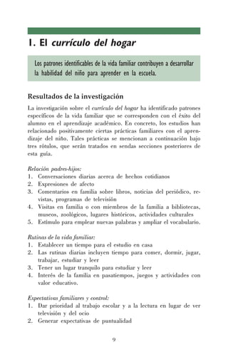 9
1. El currículo del hogar
Los patrones identificables de la vida familiar contribuyen a desarrollar
la habilidad del niño para aprender en la escuela.
Resultados de la investigación
La investigación sobre el currículo del hogar ha identificado patrones
específicos de la vida familiar que se corresponden con el éxito del
alumno en el aprendizaje académico. En concreto, los estudios han
relacionado positivamente ciertas prácticas familiares con el apren-
dizaje del niño. Tales prácticas se mencionan a continuación bajo
tres rótulos, que serán tratados en sendas secciones posteriores de
esta guía.
Relación padres-hijos:
1. Conversaciones diarias acerca de hechos cotidianos
2. Expresiones de afecto
3. Comentarios en familia sobre libros, noticias del periódico, re-
vistas, programas de televisión
4. Visitas en familia o con miembros de la familia a bibliotecas,
museos, zoológicos, lugares históricos, actividades culturales
5. Estímulo para emplear nuevas palabras y ampliar el vocabulario.
Rutinas de la vida familiar:
1. Establecer un tiempo para el estudio en casa
2. Las rutinas diarias incluyen tiempo para comer, dormir, jugar,
trabajar, estudiar y leer
3. Tener un lugar tranquilo para estudiar y leer
4. Interés de la familia en pasatiempos, juegos y actividades con
valor educativo.
Expectativas familiares y control:
1. Dar prioridad al trabajo escolar y a la lectura en lugar de ver
televisión y del ocio
2. Generar expectativas de puntualidad
 