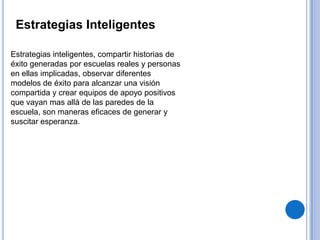 Estrategias Inteligentes
Estrategias inteligentes, compartir historias de
éxito generadas por escuelas reales y personas
en ellas implicadas, observar diferentes
modelos de éxito para alcanzar una visión
compartida y crear equipos de apoyo positivos
que vayan mas allá de las paredes de la
escuela, son maneras eficaces de generar y
suscitar esperanza.
 