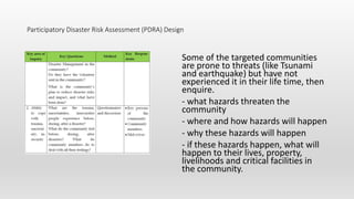 Some of the targeted communities
are prone to threats (like Tsunami
and earthquake) but have not
experienced it in their life time, then
enquire.
- what hazards threaten the
community
- where and how hazards will happen
- why these hazards will happen
- if these hazards happen, what will
happen to their lives, property,
livelihoods and critical facilities in
the community.
Participatory Disaster Risk Assessment (PDRA) Design
 