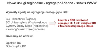 Nowe usługi regionalne - agregator Ariadna - serwis WWW
Wyraziły zgodę na agregację następujące BC:
BC Politechniki Śląskiej
BC Uniwersytetu Wrocławskiego
Cyfrowy Dolny Śląsk (regionalna)
Zielonogórska BC (regionalna)
Czekamy na odzew:
Opolska BC
Dolnośląska BC
Łącznie z ŚBC możliwość
agregacji ok. 1 mln obiektów BC
z terenu historycznego Śląska
 