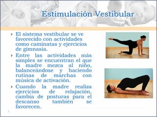 Estimulación Vestibular

El sistema vestibular se ve
favorecido con actividades
como caminatas y ejercicios
de gimnasia.
Entre las actividades más
simples se encuentran el que
la madre mezca al niño,
balanceándose y haciendo
rutinas de marchas con
música de activación.
Cuando la madre realiza
ejercicios   de     relajación,
cambia de posturas para el
descanso      también        se
favorecen.
 