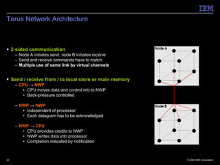 Torus Network Architecture



 2-sided communication
     – Node A initiates send, node B initiates receive
     – Send and receive commands have to match
     – Multiple use of same link by virtual channels


 Send / receive from / to local store or main memory
     – CPU → NWP
        • CPU moves data and control info to NWP
        • Back-pressure controlled

     – NWP → NWP
        • Independent of processor
        • Each datagram has to be acknowledged

     – NWP → CPU
        • CPU provides credits to NWP
        • NWP writes data into processor
        • Completion indicated by notification



23                                                       © 2009 IBM Corporation
 