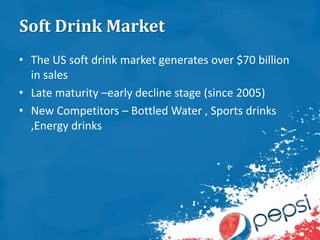 Soft Drink Market
• The US soft drink market generates over $70 billion
in sales
• Late maturity –early decline stage (since 2005)
• New Competitors – Bottled Water , Sports drinks
,Energy drinks
 