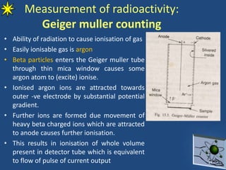 Measurement of radioactivity:
Geiger muller counting
• Ability of radiation to cause ionisation of gas
• Easily ionisable gas is argon
• Beta particles enters the Geiger muller tube
through thin mica window causes some
argon atom to (excite) ionise.
• Ionised argon ions are attracted towards
outer -ve electrode by substantial potential
gradient.
• Further ions are formed due movement of
heavy beta charged ions which are attracted
to anode causes further ionisation.
• This results in ionisation of whole volume
present in detector tube which is equivalent
to flow of pulse of current output 21
 