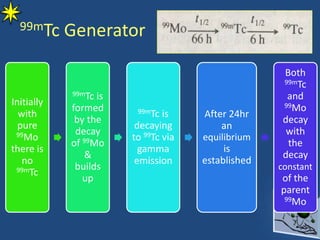 99mTc Generator
Initially
with
pure
99Mo
there is
no
99mTc
99mTc is
formed
by the
decay
of 99Mo
&
builds
up
99mTc is
decaying
to 99Tc via
gamma
emission
After 24hr
an
equilibrium
is
established
Both
99mTc
and
99Mo
decay
with
the
decay
constant
of the
parent
99Mo
 
