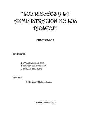 “LOS RIESGOS Y LA
 ADMINISTRACION DE LOS
       RIESGOS”

                        PRACTICA N° 1



INTEGRANTES:



        AVALOS MARCELO DINA
        COSTILLA GUANILO GRECIA
        SALAZAR TORO RODIS



DOCENTE:

                Dr. Jenry Hidalgo Lama




                       TRUJILLO, MARZO 2013
 