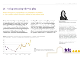 Ostatnie miesiące to prawdziwa hossa na polskim rynku pracy.
Bezrobocie rejestrowane spadło w październiku do 8,2 proc., co
jest najlepszym wynikiem od dwóch dekad. Przez 12 ostatnich
miesięcy grono osób bez pracy zmniejszyło się o 209 tys. Jak
informowaliśmy w niedawnym raporcie, już 40 proc. firm
w Polsce deklaruje, że ma „duży” bądź „bardzo duży” problem
ze znalezieniem odpowiednio wykwalifikowanych pracowników.
Niestety, ten rosnący popyt na pracowników długo nie miał
odzwierciedlenia w wynagrodzeniach. Według danych
Głównego Urzędu Statystycznego, dynamika płac w polskich
firmach nie tylko w ostatnich 4 miesiącach nie przyspieszała,
ale wręcz lekko spowalniała – wzrost rok do roku wynosił
3,6-4 proc., wobec 4,1-5,3 proc. w poprzednich miesiącach.
Wygląda jednak na to, że trend powoli się odwraca. Według
badania prowadzonego przez Grant Thornton, w VI kwartale
2016 r. już 38 proc. średnich i dużych firm zapowiedziało,
że będzie podnosić pensje swoim pracownikom, a żadna nie
zapowiada obniżek. To najlepsze wyniki w historii badania, czyli
od 2009r. Dla porównania, w poprzednich dwóch latach odsetek
firm planujących podwyżki wahał się w przedziale 18-28 proc.
Polska | International Business Report 2016 | Grant Thornton
2017 rok przyniesie podwyżki płac
Boom na rynku pracy w końcu przekłada się na wynagrodzenia pracowników.
Aż 38 proc. polskich średnich i dużych firm deklaruje, że będzie podnosić pensje
Monika Smulewicz
Dyrektor Zarządzający, Partner w Grant Thornton
Choć w ostatnim czasie poprawa na rynku pracy
była bardzo zauważalna, to wynagrodzenia
w gospodarce rosły w dość powolnym tempie.
Bezrobocie było wciąż na tyle duże, że pracodawcy
nie musieli znacząco zwiększać kosztów pracy.
Wydaje się jednak, że firmy doszły do ściany.
Bezrobocie spadło do tak niskiego poziomu, że
pracodawcom realnie zaczął doskwierać niedobór
pracowników. Konkurencja między pracodawcami
zrobiła się na tyle silna, że coraz częściej nie mają
oni wyjścia – muszą podnosić pensje. Szczególnie
trudny czas czeka małe polskie firmy, które pracują
na niskich marżach. Ich możliwości w zakresie
konkurowania o pracowników wynagrodzeniem
są ograniczone, a w konsekwencji wzrost kosztów
pracy będzie prowadzić do wzrostu cen za
świadczone usługi.
24
32
5
10
15
20
25
30
35
8
18
20
22
16
18
26
20
16
20
Wykres 1. Odsetek średnich i dużych firm w Polsce, które planują w najbliższych 12 miesiącach podnieść wynagrodzenia
(ponad wskaźnik inflacji), pomniejszony o odsetek firm planujących obniżanie wynagrodzeń (w pkt proc.)
40
0
2011 2012 2013 2014 2015 2016
Źródło:
Badanie Millward Brown dla Grant Thornton International, realizowane
wśród 10 tys. średnich i dużych firm z 37 krajów świata (w tym 200 firm z
Polski).
 