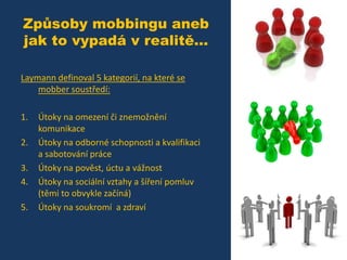 Způsoby mobbingu aneb
jak to vypadá v realitě...
Laymann definoval 5 kategorií, na které se
mobber soustředí:
1.
2.
3.
4.
5.

Útoky na omezení či znemožnění
komunikace
Útoky na odborné schopnosti a kvalifikaci
a sabotování práce
Útoky na pověst, úctu a vážnost
Útoky na sociální vztahy a šíření pomluv
(těmi to obvykle začíná)
Útoky na soukromí a zdraví

 