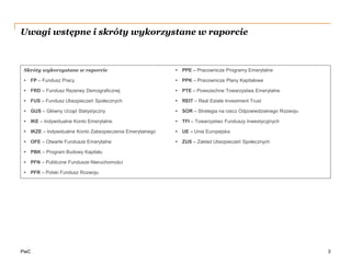 PwC
Uwagi wstępne i skróty wykorzystane w raporcie
3
Skróty wykorzystane w raporcie
• FP – Fundusz Pracy
• FRD – Fundusz R...