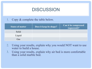 DISCUSSION
1.  Copy & complete the table below.
2.  Using your results, explain why you would NOT want to use
water to build a house.
3.  Using your results, explain why air bed is more comfortable
than a solid marble bed.
States of matter Does it keep its shape?
Can it be compressed
(squeezed)?
Solid
Liquid
Gas
 