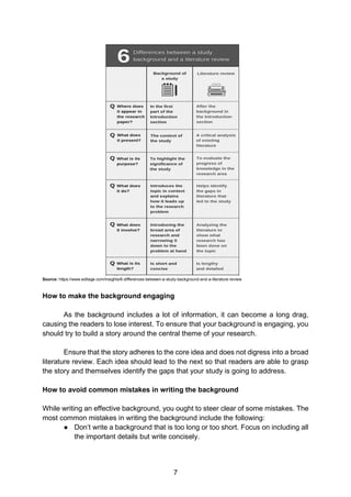 7
Source: https://www.editage.com/insights/6-differences-between-a-study-background-and-a-literature-review
How to make the background engaging
As the background includes a lot of information, it can become a long drag,
causing the readers to lose interest. To ensure that your background is engaging, you
should try to build a story around the central theme of your research.
Ensure that the story adheres to the core idea and does not digress into a broad
literature review. Each idea should lead to the next so that readers are able to grasp
the story and themselves identify the gaps that your study is going to address.
How to avoid common mistakes in writing the background
While writing an effective background, you ought to steer clear of some mistakes. The
most common mistakes in writing the background include the following:
● Don’t write a background that is too long or too short. Focus on including all
the important details but write concisely.
 