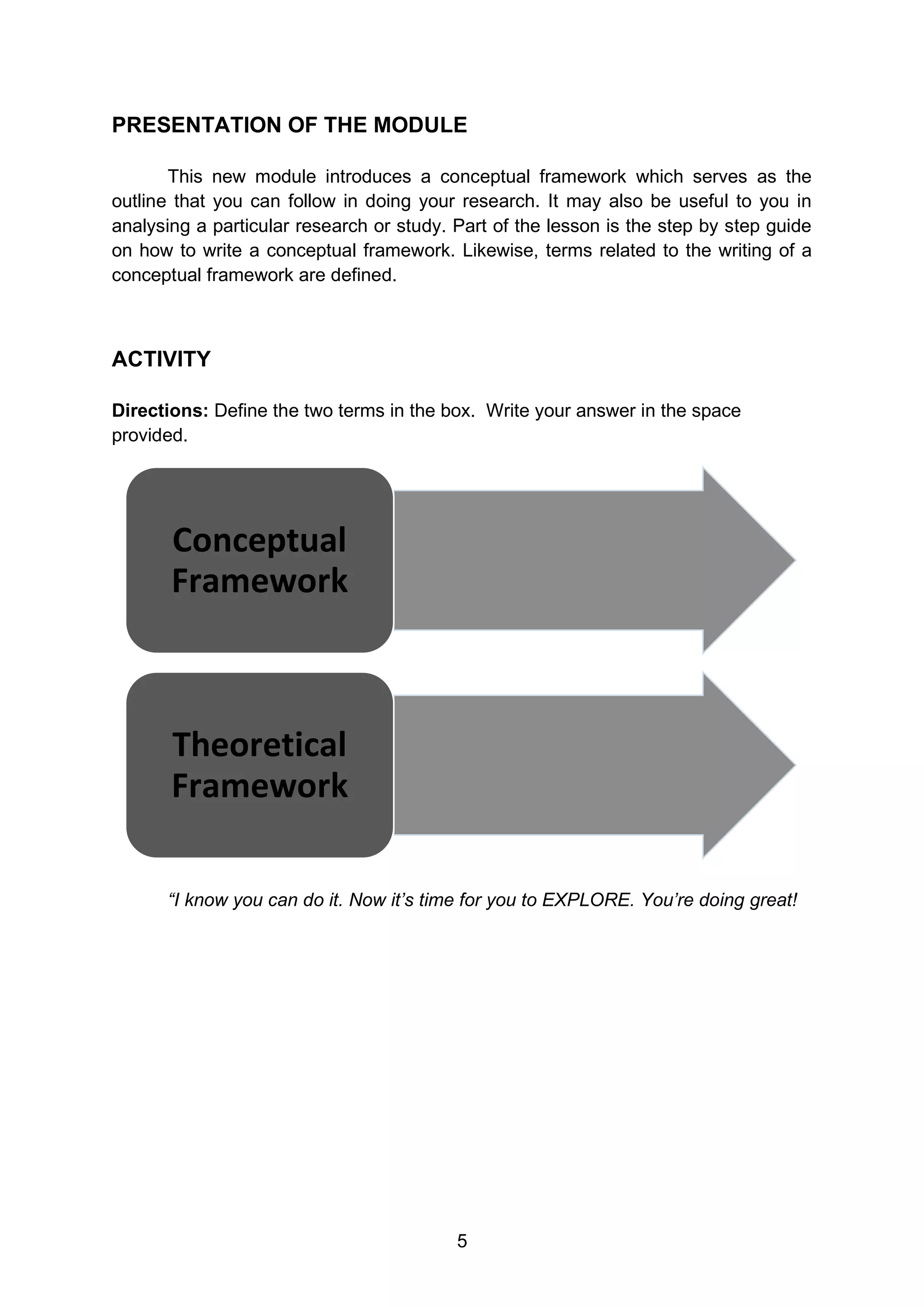 5
PRESENTATION OF THE MODULE
This new module introduces a conceptual framework which serves as the
outline that you can follow in doing your research. It may also be useful to you in
analysing a particular research or study. Part of the lesson is the step by step guide
on how to write a conceptual framework. Likewise, terms related to the writing of a
conceptual framework are defined.
ACTIVITY
Directions: Define the two terms in the box. Write your answer in the space
provided.
“I know you can do it. Now it’s time for you to EXPLORE. You’re doing great!
Conceptual
Framework
Theoretical
Framework
 