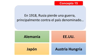Concepto 15
En 1918, Rusia pierde una guerra,
principalmente contra el país denominado…
Alemania EE.UU.
Japón Austria Hungría
 