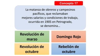 Concepto 17
La matanza de obreros y campesinos
pacíficos, que reclamaban
mejores salarios y condiciones de trabajo,
ocurrida en 1905 en Petrogrado,
se denomina…
Revolución de
marzo
Domingo Rojo
Revolución de
octubre
Rebelión de
octubre
 