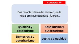 Concepto 19
Dos características del zarismo, en la
Rusia pre revolucionaria, fueron…
Igualdad y
absolutismo
Absolutismo y
autoritarismo
Democracia y
autoritarismo
Justicia y equidad
 
