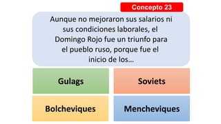 Concepto 23
Aunque no mejoraron sus salarios ni
sus condiciones laborales, el
Domingo Rojo fue un triunfo para
el pueblo ruso, porque fue el
inicio de los…
Gulags Soviets
Bolcheviques Mencheviques
 