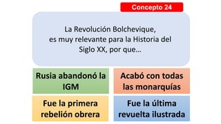 Concepto 24
La Revolución Bolchevique,
es muy relevante para la Historia del
Siglo XX, por que…
Rusia abandonó la
IGM
Acabó con todas
las monarquías
Fue la primera
rebelión obrera
Fue la última
revuelta ilustrada
 