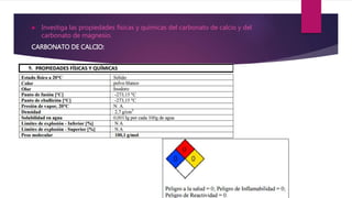  Investiga las propiedades físicas y químicas del carbonato de calcio y del
carbonato de magnesio.
CARBONATO DE CALCIO:
 