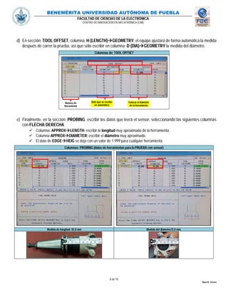 BENEMÉRITA UNIVERSIDAD AUTÓNOMA DE PUEBLA
FACULTAD DE CIENCIAS DE LA ELECTRÓNICA
CENTRO DE INNOVACIÓN EN MECATRÓNICA (CIM)
8 de 10
Miguel M. Carmona
d) En sección: TOOL OFFSET, columna: H (LENGTH)GEOMETRY: el equipo ajustará de forma automática la medida
después de correr la prueba, así que sólo escribir en columna: D (DIA)GEOMETRY la medida del diámetro.
Columnas de: TOOL OFFSET
e) Finalmente, en la sección: PROBING, escribir los datos que leerá el sensor, seleccionando las siguientes columnas
con FLECHA DERECHA
 Columna: APPROXLENGTH: escribir la longitud muy aproximada de la herramienta.
 Columna APPROXDIAMETER: escribir el diámetro muy aproximado.
 El dato de EDGEHEIG se deja con un valor de 1.999 para cualquier herramienta.
Columnas: PROBING (datos de herramientas para la PRUEBA con sensor)
Medida de longitud: 92.0 mm Medida del diámetro72.0 mm
Dato que se escribe
en automático
Colocar el diámetro
de la herramienta
Numero de
Herramienta
 