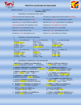 PRÁCTICA CALIFICADA DE ANALOGIAS

Apellidos y Nombres:………………………………………   Año y Sección: …
                               EJERCICIOS

      I.          RESPONDE A LAS PREGUNTAS DEL TEXTO

Pellejoes a carne como corteza es a árbol.                  -Conductor es a volante como locutor de radio es a micrófono

-Tapón es a botella como tapa es a botellón                 -Microscopio es a cercano como telescopio es a lejano.

-Lunes es a primera como martes es a segundo.               -Recordar es a memoria como entender es a inteligencia.

-escuela es a aprender como hospital es a curar.            -Comprar es a vender como caliente es a frío.

-Avión es a paloma como barco es a pez.                     -Radio es a voz como cámara es a imagen

-Vista es a ojo como oído es a oreja.                       -Exterior es a interior como extremo es a centro.

-Corbata es a cuello como zapato es a pie.                  -Árbol es a raíz como edificio es a cimientos.


      II.         ENCIERRA LA ANALOGIA ADECUADA

      01. – ____ es a potrillo como      02. – ____ es a raíles como         03. – ____ es a redil como abeja
      vaca es a ___                      coche es a ___                      es a ___
      a) caballo – ternero               a) tren – camión                    a) avispa – miel
      b) yegua – cría                    b) hierro – carretera               b) enjambre – avispa
      c) relincho – mugido               c) hierro – velocidad               c) oveja – colmena
      d) ternero – toro                  d) tren – carretera                 d) toro – zángano

      04. – ____ es a prisión como       05. – ____ es a palmera como        06. – ____ es a ABDE como
      Louvre es a ___                    uva es a ___                        EFHI es a ___
      a) carcelero – artista             a) dátil – vid                      a) 1234 – 4567
      b) Bastilla – museo                b) arbusto – vid                    b) 1245 – 1245
      c) crimen – artista                c) árbol – vino                     c) 1245 – 5689
      d) carcelero – Francia             d) arbusto – dulce                  d) 1267 – 7889


      III.        DETERMINA EL SIGNIFICADO Y HAZ UNA ORACION

  1. INEPTITUD es a TORPEZA como IGUALDAD es                      9. VASO es a COPA como AGUA es a :
  a) paridad b) desequilibrio c) desnivel d) coherencia              a) vinob) líquido c) vaso d) jarabe

  2. LAVAR es a ENSUCIAR como PARTICIPACIÓN                       10.... es a IMAGEN como RADIO es a:
  a) implicación b) asociación c) intervención d) inhibición         a) televisión – sonido b) fotografía – palabras
                                                                     c) fotografía – sonido d) televisión – locutor
  3. VERDE es a HIERBA como AMARILLO es a:
  a) papel b) plátano c) árbol d) libro                           11.... es a POESIA como NOVELISTA es a :
                                                                     a) verso – ensayo     b) poeta – novela
  4. ALABANZA es a TEMOR como LOA es a :                             c) poeta – aventuras d) verso – novela
  a) alabanza b) aprobación c) respeto d) educación
                                                                  12.... es a PALABRAS como PARTITURA es a:
  5. ALTO es a DEPORTE como BAJO es a:                               a) letras – notas       b) pauta – pentagrama
  a) natación b) inactividad c) actividad d) tranquilidad            c) libro – notas d) ritmo – música

 6.          MAÑANA es a DESAYUNO como NOCHE es a:                13. LIMÓN es a AGRIO como AZÚCAR es a:
             a) sueño b) cena c) comida d ) descanso              a) dulceb) amargo c) ácido d) glucosa

 7.          ESTE es a AQUÍ como AQUEL es a:                      14. A es a C como UNO es a:
             a) aquella b) allíc) ese d) aquí                     a) Z   b) dos c) varios d ) tres

 8.          SUEGRA es a NUERA como SUEGRO es a:                  15. LÁPIZ es a ESCRIBIR como MARTILLO es a:
             a) nieto b) yernoc) hijo d) cuñado                   a) empujar b) arreglar c) clavar d) herramienta
 