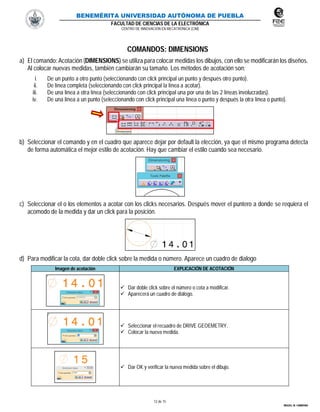 BENEMÉRITA UNIVERSIDAD AUTÓNOMA DE PUEBLA
FACULTAD DE CIENCIAS DE LA ELECTRÓNICA
CENTRO DE INNOVACIÓN EN MECATRÓNICA (CIM)
12 de 15
MIGUEL M. CARMONA
COMANDOS: DIMENSIONS
a) El comando: Acotación (DIMENSIONS) se utiliza para colocar medidas los dibujos, con ello se modificarán los diseños.
Al colocar nuevas medidas, también cambiarán su tamaño. Los métodos de acotación son:
i. De un punto a otro punto (seleccionando con click principal un punto y después otro punto).
ii. De línea completa (seleccionando con click principal la línea a acotar).
iii. De una línea a otra línea (seleccionando con click principal una por una de las 2 líneas involucradas).
iv. De una línea a un punto (seleccionando con click principal una línea o punto y después la otra línea o punto).
b) Seleccionar el comando y en el cuadro que aparece dejar por default la elección, ya que el mismo programa detecta
de forma automática el mejor estilo de acotación. Hay que cambiar el estilo cuando sea necesario.
c) Seleccionar el o los elementos a acotar con los clicks necesarios. Después mover el puntero a donde se requiera el
acomodo de la medida y dar un click para la posición.
d) Para modificar la cota, dar doble click sobre la medida o número. Aparece un cuadro de dialogo
Imagen de acotación EXPLICACIÓN DE ACOTACIÓN
 Dar doble click sobre el número o cota a modificar.
 Aparecerá un cuadro de diálogo.
 Seleccionar el recuadro de DRIVE GEOEMETRY.
 Colocar la nueva medida.
 Dar OK y verificar la nueva medida sobre el dibujo.
 