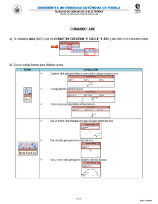 BENEMÉRITA UNIVERSIDAD AUTÓNOMA DE PUEBLA
FACULTAD DE CIENCIAS DE LA ELECTRÓNICA
CENTRO DE INNOVACIÓN EN MECATRÓNICA (CIM)
9 de 15
MIGUEL M. CARMONA
COMANDO: ARC
a) El comando: Arco (ARC) está en: GEOMETRY CREATION  CIRCLE  ARC y dar click en el ícono necesario.
b) Existen varias formas para elaborar arcos:
ÍCONO EXPLICACIÓN
 El primer click principal define el centro del círculo para nuestro arco.
 El segundo click da inicio al arco.
 El tercer click principal define el final del arco
 Dar un primer click principal en lo que será un extremo del arco.
 Dar otro click principal en el centro del arco
 Dar un tercer click principal en el último extremo del arco
 