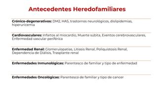 Antecedentes Heredofamiliares
Crónico-degenerativos: DM2, HAS, trastornos neurológicos, dislipidemias,
hiperuricemia
Cardiovasculares: Infartos al miocardio, Muerte súbita, Eventos cerebrovasculares,
Enfermedad vascular periférica
Enfermedad Renal: Glomerulopatías, Litiasis Renal, Poliquistosis Renal,
Dependencia de Diálisis, Trasplante renal
Enfermedades Inmunológicas: Parentesco de familiar y tipo de enfermedad
Enfermedades Oncológicas: Parentesco de familiar y tipo de cancer
 