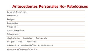 Antecedentes Personales No- Patológicos
Lugar de Residencia
Estado Civil
Religión
Escolaridad
Ocupación
Grupo Sanguíneo
Tabaquismo:
Alcoholismo: - Cantidad - Frecuencia
Drogas: - Tipo - Frecuencia
Nefrotóxicos -Herbolaria/ AINES / Suplementos
Alimentació / Higiene / Ejercicio
 
