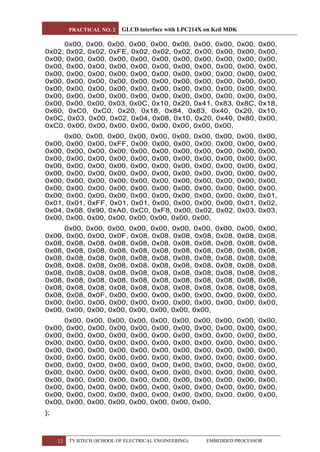 PRACTICAL NO. 2 GLCD interface with LPC214X on Keil MDK
12 TY BTECH (SCHOOL OF ELECTRICAL ENGINEERING) EMBEDDED PROCESSOR
0x00, 0x00, 0x00, 0x00, 0x00, 0x00, 0x00, 0x00, 0x00, 0x00,
0x02, 0x02, 0x02, 0xFE, 0x02, 0x02, 0x02, 0x00, 0x00, 0x00, 0x00,
0x00, 0x00, 0x00, 0x00, 0x00, 0x00, 0x00, 0x00, 0x00, 0x00, 0x00,
0x00, 0x00, 0x00, 0x00, 0x00, 0x00, 0x00, 0x00, 0x00, 0x00, 0x00,
0x00, 0x00, 0x00, 0x00, 0x00, 0x00, 0x00, 0x00, 0x00, 0x00, 0x00,
0x00, 0x00, 0x00, 0x00, 0x00, 0x00, 0x00, 0x00, 0x00, 0x00, 0x00,
0x00, 0x00, 0x00, 0x00, 0x00, 0x00, 0x00, 0x00, 0x00, 0x00, 0x00,
0x00, 0x00, 0x00, 0x00, 0x00, 0x00, 0x00, 0x00, 0x00, 0x00, 0x00,
0x00, 0x00, 0x00, 0x03, 0x0C, 0x10, 0x20, 0x41, 0x83, 0x8C, 0x18,
0x60, 0xC0, 0xC0, 0x20, 0x18, 0x84, 0x83, 0x40, 0x20, 0x10,
0x0C, 0x03, 0x00, 0x02, 0x04, 0x08, 0x10, 0x20, 0x40, 0x80, 0x00,
0xC0, 0x00, 0x00, 0x00, 0x00, 0x00, 0x00, 0x00, 0x00,
0x00, 0x00, 0x00, 0x00, 0x00, 0x00, 0x00, 0x00, 0x00, 0x00,
0x00, 0x00, 0x00, 0xFF, 0x00, 0x00, 0x00, 0x00, 0x00, 0x00, 0x00,
0x00, 0x00, 0x00, 0x00, 0x00, 0x00, 0x00, 0x00, 0x00, 0x00, 0x00,
0x00, 0x00, 0x00, 0x00, 0x00, 0x00, 0x00, 0x00, 0x00, 0x00, 0x00,
0x00, 0x00, 0x00, 0x00, 0x00, 0x00, 0x00, 0x00, 0x00, 0x00, 0x00,
0x00, 0x00, 0x00, 0x00, 0x00, 0x00, 0x00, 0x00, 0x00, 0x00, 0x00,
0x00, 0x00, 0x00, 0x00, 0x00, 0x00, 0x00, 0x00, 0x00, 0x00, 0x00,
0x00, 0x00, 0x00, 0x00, 0x00, 0x00, 0x00, 0x00, 0x00, 0x00, 0x00,
0x00, 0x00, 0x00, 0x00, 0x00, 0x00, 0x00, 0x00, 0x00, 0x00, 0x01,
0x01, 0x01, 0xFF, 0x01, 0x01, 0x00, 0x00, 0x00, 0x00, 0x01, 0x02,
0x04, 0x08, 0x90, 0xA0, 0xC0, 0xF8, 0x00, 0x02, 0x02, 0x03, 0x03,
0x00, 0x00, 0x00, 0x00, 0x00, 0x00, 0x00, 0x00,
0x00, 0x00, 0x00, 0x00, 0x00, 0x00, 0x00, 0x00, 0x00, 0x00,
0x00, 0x00, 0x00, 0x0F, 0x08, 0x08, 0x08, 0x08, 0x08, 0x08, 0x08,
0x08, 0x08, 0x08, 0x08, 0x08, 0x08, 0x08, 0x08, 0x08, 0x08, 0x08,
0x08, 0x08, 0x08, 0x08, 0x08, 0x08, 0x08, 0x08, 0x08, 0x08, 0x08,
0x08, 0x08, 0x08, 0x08, 0x08, 0x08, 0x08, 0x08, 0x08, 0x08, 0x08,
0x08, 0x08, 0x08, 0x08, 0x08, 0x08, 0x08, 0x08, 0x08, 0x08, 0x08,
0x08, 0x08, 0x08, 0x08, 0x08, 0x08, 0x08, 0x08, 0x08, 0x08, 0x08,
0x08, 0x08, 0x08, 0x08, 0x08, 0x08, 0x08, 0x08, 0x08, 0x08, 0x08,
0x08, 0x08, 0x08, 0x08, 0x08, 0x08, 0x08, 0x08, 0x08, 0x08, 0x08,
0x08, 0x08, 0x0F, 0x00, 0x00, 0x00, 0x00, 0x00, 0x00, 0x00, 0x00,
0x00, 0x00, 0x00, 0x00, 0x00, 0x00, 0x00, 0x00, 0x00, 0x00, 0x00,
0x00, 0x00, 0x00, 0x00, 0x00, 0x00, 0x00, 0x00,
0x00, 0x00, 0x00, 0x00, 0x00, 0x00, 0x00, 0x00, 0x00, 0x00,
0x00, 0x00, 0x00, 0x00, 0x00, 0x00, 0x00, 0x00, 0x00, 0x00, 0x00,
0x00, 0x00, 0x00, 0x00, 0x00, 0x00, 0x00, 0x00, 0x00, 0x00, 0x00,
0x00, 0x00, 0x00, 0x00, 0x00, 0x00, 0x00, 0x00, 0x00, 0x00, 0x00,
0x00, 0x00, 0x00, 0x00, 0x00, 0x00, 0x00, 0x00, 0x00, 0x00, 0x00,
0x00, 0x00, 0x00, 0x00, 0x00, 0x00, 0x00, 0x00, 0x00, 0x00, 0x00,
0x00, 0x00, 0x00, 0x00, 0x00, 0x00, 0x00, 0x00, 0x00, 0x00, 0x00,
0x00, 0x00, 0x00, 0x00, 0x00, 0x00, 0x00, 0x00, 0x00, 0x00, 0x00,
0x00, 0x00, 0x00, 0x00, 0x00, 0x00, 0x00, 0x00, 0x00, 0x00, 0x00,
0x00, 0x00, 0x00, 0x00, 0x00, 0x00, 0x00, 0x00, 0x00, 0x00, 0x00,
0x00, 0x00, 0x00, 0x00, 0x00, 0x00, 0x00, 0x00, 0x00, 0x00, 0x00,
0x00, 0x00, 0x00, 0x00, 0x00, 0x00, 0x00, 0x00,
};
 