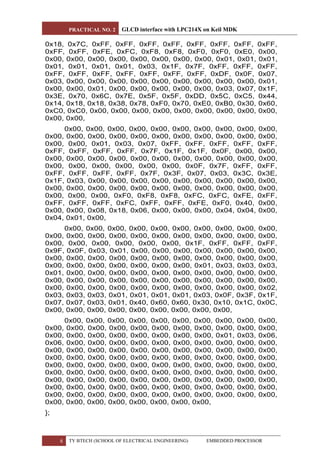 PRACTICAL NO. 2 GLCD interface with LPC214X on Keil MDK
8 TY BTECH (SCHOOL OF ELECTRICAL ENGINEERING) EMBEDDED PROCESSOR
0x18, 0x7C, 0xFF, 0xFF, 0xFF, 0xFF, 0xFF, 0xFF, 0xFF, 0xFF,
0xFF, 0xFF, 0xFE, 0xFC, 0xF8, 0xF8, 0xF0, 0xF0, 0xE0, 0x00,
0x00, 0x00, 0x00, 0x00, 0x00, 0x00, 0x00, 0x00, 0x01, 0x01, 0x01,
0x01, 0x01, 0x01, 0x01, 0x03, 0x1F, 0x7F, 0xFF, 0xFF, 0xFF,
0xFF, 0xFF, 0xFF, 0xFF, 0xFF, 0xFF, 0xFF, 0xDF, 0x0F, 0x07,
0x03, 0x00, 0x00, 0x00, 0x00, 0x00, 0x00, 0x00, 0x00, 0x00, 0x01,
0x00, 0x00, 0x01, 0x00, 0x00, 0x00, 0x00, 0x00, 0x03, 0x07, 0x1F,
0x3E, 0x70, 0x6C, 0x7E, 0x5F, 0x5F, 0xDD, 0x5C, 0xC5, 0x44,
0x14, 0x18, 0x18, 0x38, 0x78, 0xF0, 0x70, 0xE0, 0xB0, 0x30, 0x60,
0xC0, 0xC0, 0x00, 0x00, 0x00, 0x00, 0x00, 0x00, 0x00, 0x00, 0x00,
0x00, 0x00,
0x00, 0x00, 0x00, 0x00, 0x00, 0x00, 0x00, 0x00, 0x00, 0x00,
0x00, 0x00, 0x00, 0x00, 0x00, 0x00, 0x00, 0x00, 0x00, 0x00, 0x00,
0x00, 0x00, 0x01, 0x03, 0x07, 0xFF, 0xFF, 0xFF, 0xFF, 0xFF,
0xFF, 0xFF, 0xFF, 0xFF, 0x7F, 0x1F, 0x1F, 0x0F, 0x00, 0x00,
0x00, 0x00, 0x00, 0x00, 0x00, 0x00, 0x00, 0x00, 0x00, 0x00, 0x00,
0x00, 0x00, 0x00, 0x00, 0x00, 0x00, 0x0F, 0x7F, 0xFF, 0xFF,
0xFF, 0xFF, 0xFF, 0xFF, 0x7F, 0x3F, 0x07, 0x03, 0x3C, 0x3E,
0x1F, 0x03, 0x00, 0x00, 0x00, 0x00, 0x00, 0x00, 0x00, 0x00, 0x00,
0x00, 0x00, 0x00, 0x00, 0x00, 0x00, 0x00, 0x00, 0x00, 0x00, 0x00,
0x00, 0x00, 0x00, 0xF0, 0xF8, 0xF8, 0xFC, 0xFC, 0xFE, 0xFF,
0xFF, 0xFF, 0xFF, 0xFC, 0xFF, 0xFF, 0xFE, 0xF0, 0x40, 0x00,
0x00, 0x00, 0x08, 0x18, 0x06, 0x00, 0x00, 0x00, 0x04, 0x04, 0x00,
0x04, 0x01, 0x00,
0x00, 0x00, 0x00, 0x00, 0x00, 0x00, 0x00, 0x00, 0x00, 0x00,
0x00, 0x00, 0x00, 0x00, 0x00, 0x00, 0x00, 0x00, 0x00, 0x00, 0x00,
0x00, 0x00, 0x00, 0x00, 0x00, 0x00, 0x1F, 0xFF, 0xFF, 0xFF,
0x9F, 0x0F, 0x03, 0x01, 0x00, 0x00, 0x00, 0x00, 0x00, 0x00, 0x00,
0x00, 0x00, 0x00, 0x00, 0x00, 0x00, 0x00, 0x00, 0x00, 0x00, 0x00,
0x00, 0x00, 0x00, 0x00, 0x00, 0x00, 0x00, 0x01, 0x03, 0x03, 0x03,
0x01, 0x00, 0x00, 0x00, 0x00, 0x00, 0x00, 0x00, 0x00, 0x00, 0x00,
0x00, 0x00, 0x00, 0x00, 0x00, 0x00, 0x00, 0x00, 0x00, 0x00, 0x00,
0x00, 0x00, 0x00, 0x00, 0x00, 0x00, 0x00, 0x00, 0x00, 0x00, 0x02,
0x03, 0x03, 0x03, 0x01, 0x01, 0x01, 0x01, 0x03, 0x0F, 0x3F, 0x1F,
0x07, 0x07, 0x03, 0x01, 0x40, 0x60, 0x60, 0x30, 0x10, 0x1C, 0x0C,
0x00, 0x00, 0x00, 0x00, 0x00, 0x00, 0x00, 0x00, 0x00,
0x00, 0x00, 0x00, 0x00, 0x00, 0x00, 0x00, 0x00, 0x00, 0x00,
0x00, 0x00, 0x00, 0x00, 0x00, 0x00, 0x00, 0x00, 0x00, 0x00, 0x00,
0x00, 0x00, 0x00, 0x00, 0x00, 0x00, 0x00, 0x00, 0x01, 0x03, 0x06,
0x06, 0x00, 0x00, 0x00, 0x00, 0x00, 0x00, 0x00, 0x00, 0x00, 0x00,
0x00, 0x00, 0x00, 0x00, 0x00, 0x00, 0x00, 0x00, 0x00, 0x00, 0x00,
0x00, 0x00, 0x00, 0x00, 0x00, 0x00, 0x00, 0x00, 0x00, 0x00, 0x00,
0x00, 0x00, 0x00, 0x00, 0x00, 0x00, 0x00, 0x00, 0x00, 0x00, 0x00,
0x00, 0x00, 0x00, 0x00, 0x00, 0x00, 0x00, 0x00, 0x00, 0x00, 0x00,
0x00, 0x00, 0x00, 0x00, 0x00, 0x00, 0x00, 0x00, 0x00, 0x00, 0x00,
0x00, 0x00, 0x00, 0x00, 0x00, 0x00, 0x00, 0x00, 0x00, 0x00, 0x00,
0x00, 0x00, 0x00, 0x00, 0x00, 0x00, 0x00, 0x00, 0x00, 0x00, 0x00,
0x00, 0x00, 0x00, 0x00, 0x00, 0x00, 0x00, 0x00,
};
 