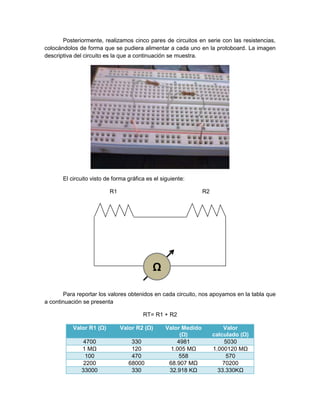 Posteriormente, realizamos cinco pares de circuitos en serie con las resistencias,
colocándolos de forma que se pudiera alimentar a cada uno en la protoboard. La imagen
descriptiva del circuito es la que a continuación se muestra.




       El circuito visto de forma gráfica es el siguiente:

                          R1                                    R2




                                            Ω

       Para reportar los valores obtenidos en cada circuito, nos apoyamos en la tabla que
a continuación se presenta

                                        RT= R1 + R2

           Valor R1 (Ω)        Valor R2 (Ω)      Valor Medido            Valor
                                                      (Ω)            calculado (Ω)
               4700                330               4981                 5030
              1 MΩ                 120             1.005 MΩ          1.000120 MΩ
               100                 470                558                 570
               2200               68000           68.907 MΩ              70200
              33000                330            32.918 KΩ            33.330KΩ
 