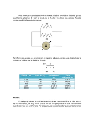 Para continuar, fue necesario formar ahora 5 pares de circuitos en paralelo, que de
igual forma aplicamos 5 v con la ayuda de la fuente y medimos sus valores. Nuestro
circuito quedó de la siguiente manera.

                                            R1




                                            R2



                                          Ω


Tal informe se aprecia con precisión en el siguiente tabulado, donde para el cálculo de la
resistencia total se usa la siguiente fórmula:

                                         RT=      1

                                            1     +   1

                                            R1        R2

            Valor R1 (Ω)     Valor R2 (Ω)        Valor Medido         Valor
                                                      (Ω)         calculado (Ω)
                4700              330                283.3           308.34
               1 MΩ               120               119.20           119.98
                100               470                82.27            82.45
                2200             68000              2.125 K          2.131 K
               33000              330               326.49           326.73




Análisis.

      El código de colores es una herramienta que nos permite verificar el valor teórico
de una resistencia, es muy usual, ya que nos da una perspectiva de cuál sería el valor
cuando se mide con un Óhmetro. Por otra parte, es necesario saber que cuando tenemos
 