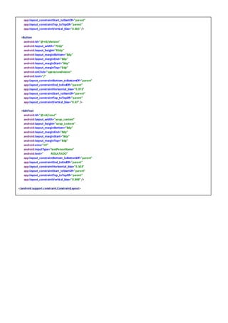 app:layout_constraintStart_toStartOf="parent"
app:layout_constraintTop_toTopOf="parent"
app:layout_constraintVertical_bias="0.665" />
<Button
android:id="@+id/division"
android:layout_width="72dp"
android:layout_height="85dp"
android:layout_marginBottom="8dp"
android:layout_marginEnd="8dp"
android:layout_marginStart="8dp"
android:layout_marginTop="8dp"
android:onClick="operaciondivision"
android:text="/"
app:layout_constraintBottom_toBottomOf="parent"
app:layout_constraintEnd_toEndOf="parent"
app:layout_constraintHorizontal_bias="0.972"
app:layout_constraintStart_toStartOf="parent"
app:layout_constraintTop_toTopOf="parent"
app:layout_constraintVertical_bias="0.67"/>
<EditText
android:id="@+id/resul"
android:layout_width="wrap_content"
android:layout_height="wrap_content"
android:layout_marginBottom="8dp"
android:layout_marginEnd="8dp"
android:layout_marginStart="8dp"
android:layout_marginTop="8dp"
android:ems="10"
android:inputType="textPersonName"
android:text=" RESULTADO"
app:layout_constraintBottom_toBottomOf="parent"
app:layout_constraintEnd_toEndOf="parent"
app:layout_constraintHorizontal_bias="0.503"
app:layout_constraintStart_toStartOf="parent"
app:layout_constraintTop_toTopOf="parent"
app:layout_constraintVertical_bias="0.848" />
</android.support.constraint.ConstraintLayout>
 