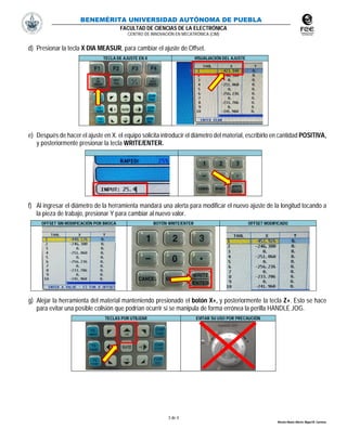 BENEMÉRITA UNIVERSIDAD AUTÓNOMA DE PUEBLA
FACULTAD DE CIENCIAS DE LA ELECTRÓNICA
CENTRO DE INNOVACIÓN EN MECATRÓNICA (CIM)
3 de 4
Morales Muñoz Alberto, Miguel M. Carmona.
d) Presionar la tecla X DIA MEASUR, para cambiar el ajuste de Offset.
TECLA DE AJUSTE EN X VISUALIACIÓN DEL AJUSTE
e) Después de hacer el ajuste en X. el equipo solicita introducir el diámetro del material, escribirlo en cantidad POSITIVA,
y posteriormente presionar la tecla WRITE/ENTER.
f) Al ingresar el diámetro de la herramienta mandará una alerta para modificar el nuevo ajuste de la longitud tocando a
la pieza de trabajo, presionar Y para cambiar al nuevo valor.
OFFSET SIN MODIFICACIÓN POR BROCA BOTÓN WRITE/ENTER OFFSET MODIFICADO
g) Alejar la herramienta del material manteniendo presionado el botón X+, y posteriormente la tecla Z+. Esto se hace
para evitar una posible colisión que podrían ocurrir si se manipula de forma errónea la perilla HANDLE JOG.
TECLAS POR UTILIZAR EVITAR SU USO POR PRECAUCIÓN
 