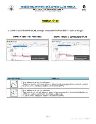 BENEMÉRITA UNIVERSIDAD AUTÓNOMA DE PUEBLA
FACULTAD DE CIENCIAS DE LA ELECTRÓNICA
CENTRO DE INNOVACIÓN EN MECATRÓNICA (CIM)
10 de 14
León Vallejo Emilio, Moreno Zenteno Carlos, MIGUEL M. CARMONA
COMANDO: SPLINE
a) Cuando se activa el comando SPLINE, se dibujan líneas con diferentes curvaturas. Se muestras dos tipos:
CREATE  SPLINE  FIT POINT SPLINE CREATE  SPLINE  CONTROL POINT SPLINE
OPCIONES DEL ÍCONO EXPLICACIÓN
Al dar el primer click se crea el inicio del spline.
Cada que se da un click con el mouse, la línea del spline va creando puntos automáticos al movimiento del puntero.
El spline se termina al dar 2 clicks rápidos o al presionar tecla ESCAPE.
Al dar el primer click se crea el inicio del spline,
Cada que se da click principal, la línea del spline crea tangencias automáticas al movimiento del puntero, pero
también crea una línea de construcción tangente a la curva generada.
El spline se termina al dar 2 clicks rápidos o al presionar tecla ESCAPE.
 