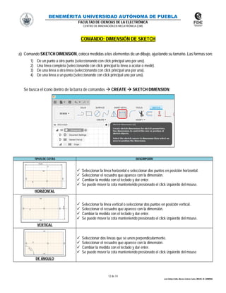 BENEMÉRITA UNIVERSIDAD AUTÓNOMA DE PUEBLA
FACULTAD DE CIENCIAS DE LA ELECTRÓNICA
CENTRO DE INNOVACIÓN EN MECATRÓNICA (CIM)
12 de 14
León Vallejo Emilio, Moreno Zenteno Carlos, MIGUEL M. CARMONA
COMANDO: DIMENSIÓN DE SKETCH
a) Comando SKETCH DIMENSION, coloca medidas a los elementos de un dibujo, ajustando su tamaño. Las formas son:
1) De un punto a otro punto (seleccionando con click principal uno por uno).
2) Una línea completa (seleccionando con click principal la línea a acotar o medir).
3) De una línea a otra línea (seleccionando con click principal una por una).
4) De una línea a un punto (seleccionando con click principal uno por uno).
Se busca el icono dentro de la barra de comandos  CREATE  SKETCH DIMENSION:
TIPOS DE COTAS DESCRIPCIÓN
HORIZONTAL
 Seleccionar la línea horizontal o seleccionar dos puntos en posición horizontal.
 Seleccionar el recuadro que aparece con la dimensión.
 Cambiar la medida con el teclado y dar enter.
 Se puede mover la cota manteniendo presionado el click izquierdo del mouse.
VERTICAL
 Seleccionar la línea vertical o seleccionar dos puntos en posición vertical.
 Seleccionar el recuadro que aparece con la dimensión.
 Cambiar la medida con el teclado y dar enter.
 Se puede mover la cota manteniendo presionado el click izquierdo del mouse.
DE ÁNGULO
 Seleccionar dos líneas que se unen perpendicularmente.
 Seleccionar el recuadro que aparece con la dimensión.
 Cambiar la medida con el teclado y dar enter.
 Se puede mover la cota manteniendo presionado el click izquierdo del mouse
 