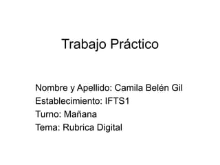 Trabajo Práctico
Nombre y Apellido: Camila Belén Gil
Establecimiento: IFTS1
Turno: Mañana
Tema: Rubrica Digital
 